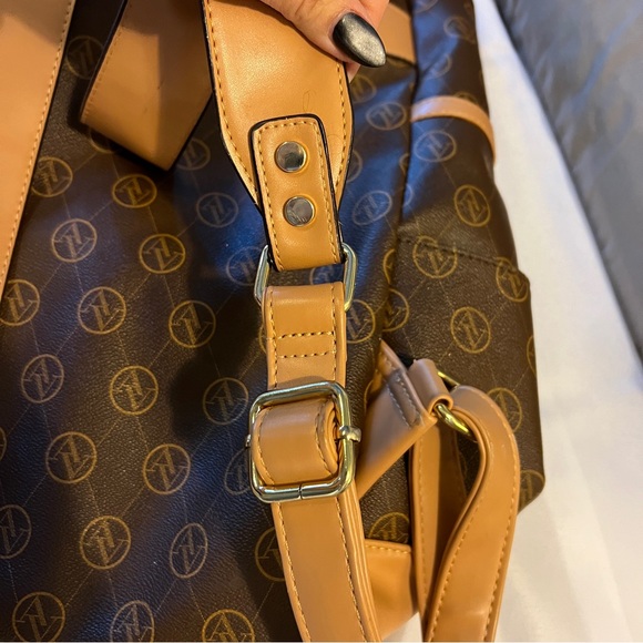 Adrienne Vittadini Brown and Tan Backpack with Orange‎ Trim Drawstring, Magnetic - Picture 7 of 13